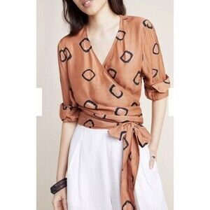 Norblack Norwhite Anthropologie Batik Wrap Blouse Top Brown Rust Rayon Size XS